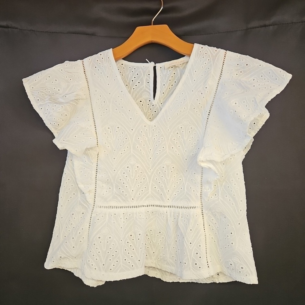 Solitaire White Eyelet Top Size‎ L Flutter Sleeve Festival Boho Cottagecore